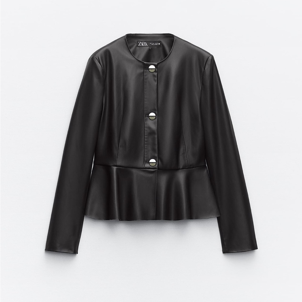 NEW ZARA Faux Vegan Leather Peplum Blazer Long Sleeve Jacket